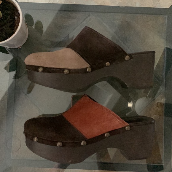 Y2K 90s FRANCO SARTO Chunky Suede Color-Block Studded Clog - Picture 3 of 11